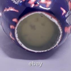 Jonathon Harris Cameo Carved Green Art Glass Vase Pink Flowers Floral 7 inches