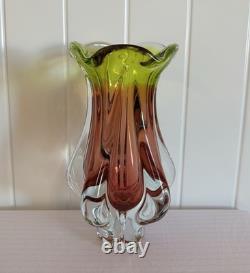 Josef Hospodka Art Glass Vase for Chribska Czech 1960s Bohemian Pink & Green