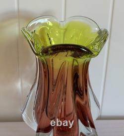 Josef Hospodka Art Glass Vase for Chribska Czech 1960s Bohemian Pink & Green