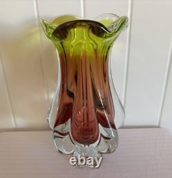 Josef Hospodka Art Glass Vase for Chribska Czech 1960s Bohemian Pink & Green