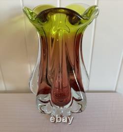 Josef Hospodka Art Glass Vase for Chribska Czech 1960s Bohemian Pink & Green