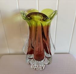 Josef Hospodka Art Glass Vase for Chribska Czech 1960s Bohemian Pink & Green