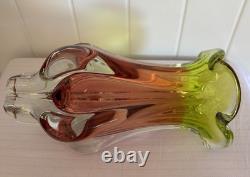 Josef Hospodka Art Glass Vase for Chribska Czech 1960s Bohemian Pink & Green