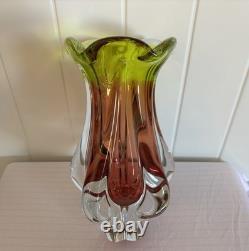 Josef Hospodka Art Glass Vase for Chribska Czech 1960s Bohemian Pink & Green
