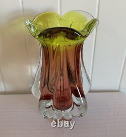 Josef Hospodka Art Glass Vase for Chribska Czech 1960s Bohemian Pink & Green