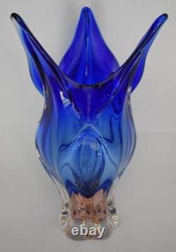 Joseph Hospodka Glassworks Chribska Czech Cobalt Blue Pink Base Art Glass Vase