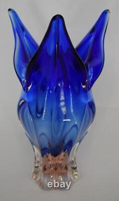 Joseph Hospodka Glassworks Chribska Czech Cobalt Blue Pink Base Art Glass Vase