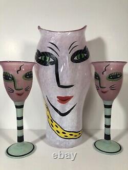 Kosta Boda Open Minds Pink Art Glass Vase & 2 Wine Glasses Signed Ulrica HV/GE