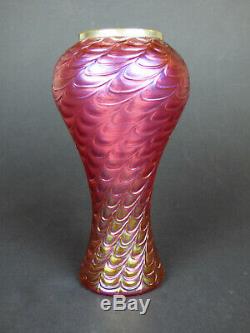 Kralik tall iridescent glass Draped vase Bohemian Art Nouveau pink cranberry