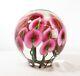 LARGE 17lb Signed DANIEL LOTTON ART GLASS ORB SCULPTURE Pink Anthuriums FLOWERS