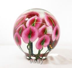 LARGE 17lb Signed DANIEL LOTTON ART GLASS ORB SCULPTURE Pink Anthuriums FLOWERS