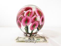LARGE 17lb Signed DANIEL LOTTON ART GLASS ORB SCULPTURE Pink Anthuriums FLOWERS
