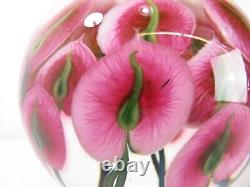 LARGE 17lb Signed DANIEL LOTTON ART GLASS ORB SCULPTURE Pink Anthuriums FLOWERS