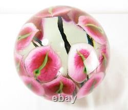 LARGE 17lb Signed DANIEL LOTTON ART GLASS ORB SCULPTURE Pink Anthuriums FLOWERS