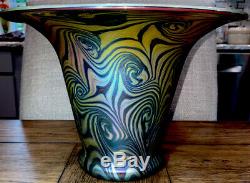 LARGE Lundberg Studios 2006 Blue, Green, Pink & Gold Swirl Art Glass Vase 7X10