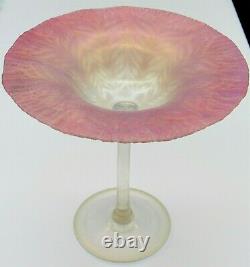 LCT TIFFANY STUDIOS Favrile Pink Pastel Art Glass Compote with Etched Butterfly