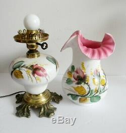 L G Wright peach blow Moss Rose lamp with art glass Fenton shades