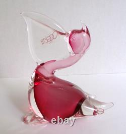 L. Onesto Murano Oggetti Art Glass Pelican Figurine Cranberry Pink Italy 6 Tall