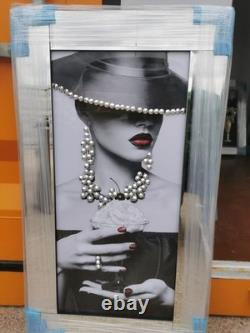Lady in hat with crystal silver stone and glitter liquid art picture 85x45cm