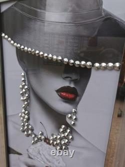Lady in hat with crystal silver stone and glitter liquid art picture 85x45cm