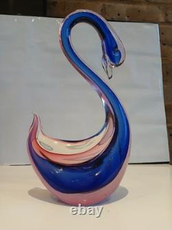 Large 12 Murano Poli Archimede Seguso Pink Blue Sommerso Swan Bird Glass Figure