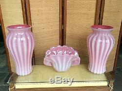 Large 3 Piece MID Century Murano Glass Ribbed Pink / Clambroth Vases And Bowl