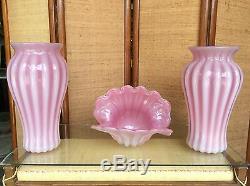 Large 3 Piece MID Century Murano Glass Ribbed Pink / Clambroth Vases And Bowl