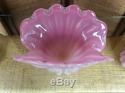 Large 3 Piece MID Century Murano Glass Ribbed Pink / Clambroth Vases And Bowl