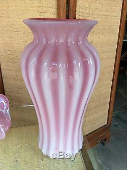 Large 3 Piece MID Century Murano Glass Ribbed Pink / Clambroth Vases And Bowl