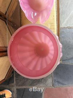 Large 3 Piece MID Century Murano Glass Ribbed Pink / Clambroth Vases And Bowl