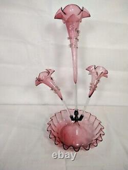 Large Antique Cranberry & Clear Glass 3 Trumpet Vase Epergne With Bowl Base