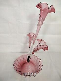 Large Antique Cranberry & Clear Glass 3 Trumpet Vase Epergne With Bowl Base