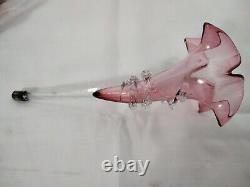 Large Antique Cranberry & Clear Glass 3 Trumpet Vase Epergne With Bowl Base
