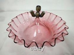 Large Antique Cranberry & Clear Glass 3 Trumpet Vase Epergne With Bowl Base