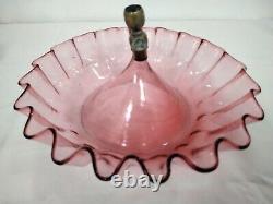 Large Antique Cranberry & Clear Glass 3 Trumpet Vase Epergne With Bowl Base