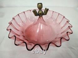 Large Antique Cranberry & Clear Glass 3 Trumpet Vase Epergne With Bowl Base