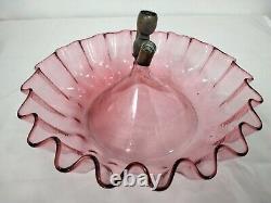 Large Antique Cranberry & Clear Glass 3 Trumpet Vase Epergne With Bowl Base