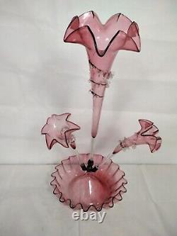 Large Antique Cranberry & Clear Glass 3 Trumpet Vase Epergne With Bowl Base