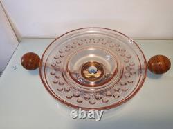 Large Art Deco Pink Glass Fruit Bowl with Chromed Mount and Wooden Handles