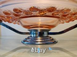 Large Art Deco Pink Glass Fruit Bowl with Chromed Mount and Wooden Handles