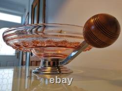 Large Art Deco Pink Glass Fruit Bowl with Chromed Mount and Wooden Handles