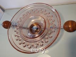 Large Art Deco Pink Glass Fruit Bowl with Chromed Mount and Wooden Handles