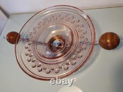 Large Art Deco Pink Glass Fruit Bowl with Chromed Mount and Wooden Handles