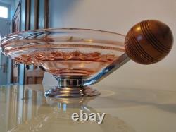 Large Art Deco Pink Glass Fruit Bowl with Chromed Mount and Wooden Handles