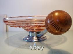 Large Art Deco Pink Glass Fruit Bowl with Chromed Mount and Wooden Handles
