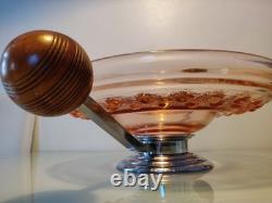 Large Art Deco Pink Glass Fruit Bowl with Chromed Mount and Wooden Handles