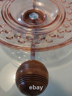 Large Art Deco Pink Glass Fruit Bowl with Chromed Mount and Wooden Handles