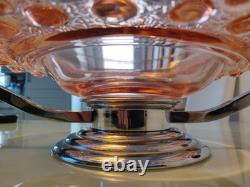 Large Art Deco Pink Glass Fruit Bowl with Chromed Mount and Wooden Handles