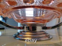Large Art Deco Pink Glass Fruit Bowl with Chromed Mount and Wooden Handles