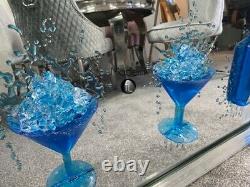 Large Blue Gin 4 Cocktail glass 3D glitter art in mirrored frame, Blue Drinks 3D